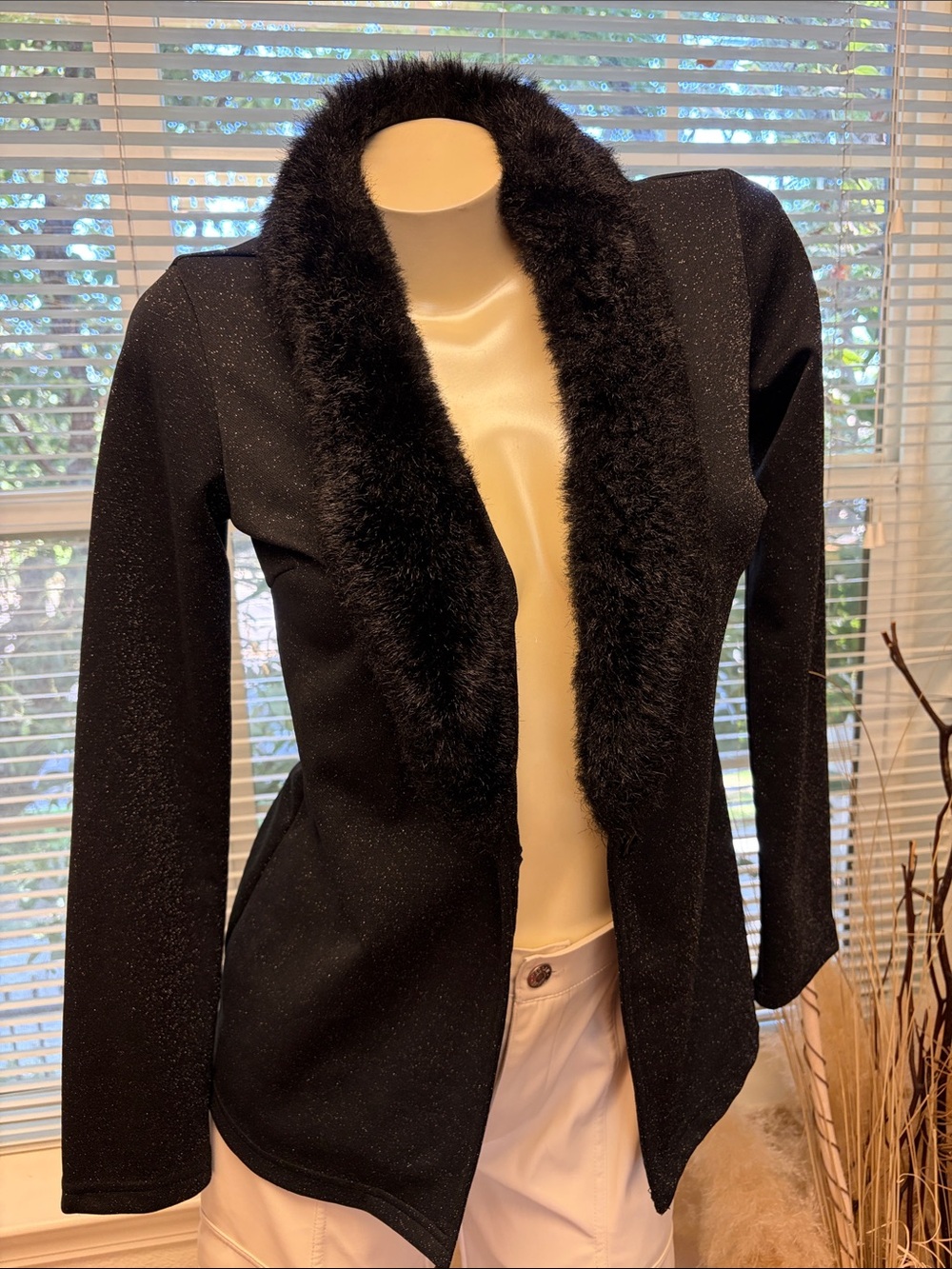 Black Faux Fur Trim Blazer Jacket - Women's Evening Blazer - Picture 4 of 5